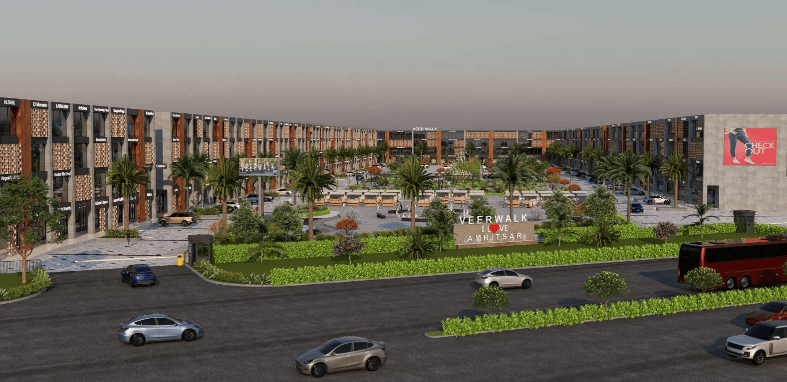 Veer Walk from the entrance road, both retail wings running back towards the central plaza